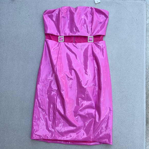 NWT Meshki Pink Jennifer Cut Out Mini Latex Dress Barbiecore Medium - Picture 5 of 13